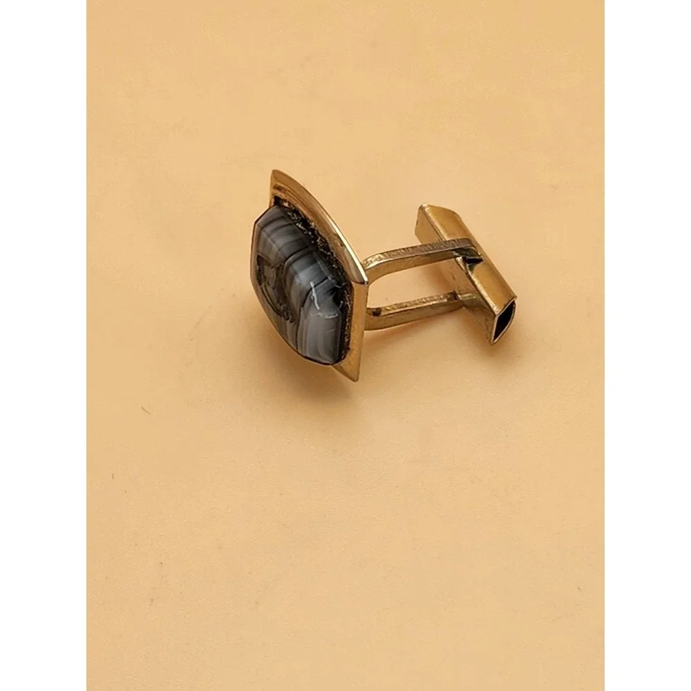 74 Yr Old 10k Gold Plate Tie Clip/Bar & Cufflinks Set Horse Equestrian Art Glass